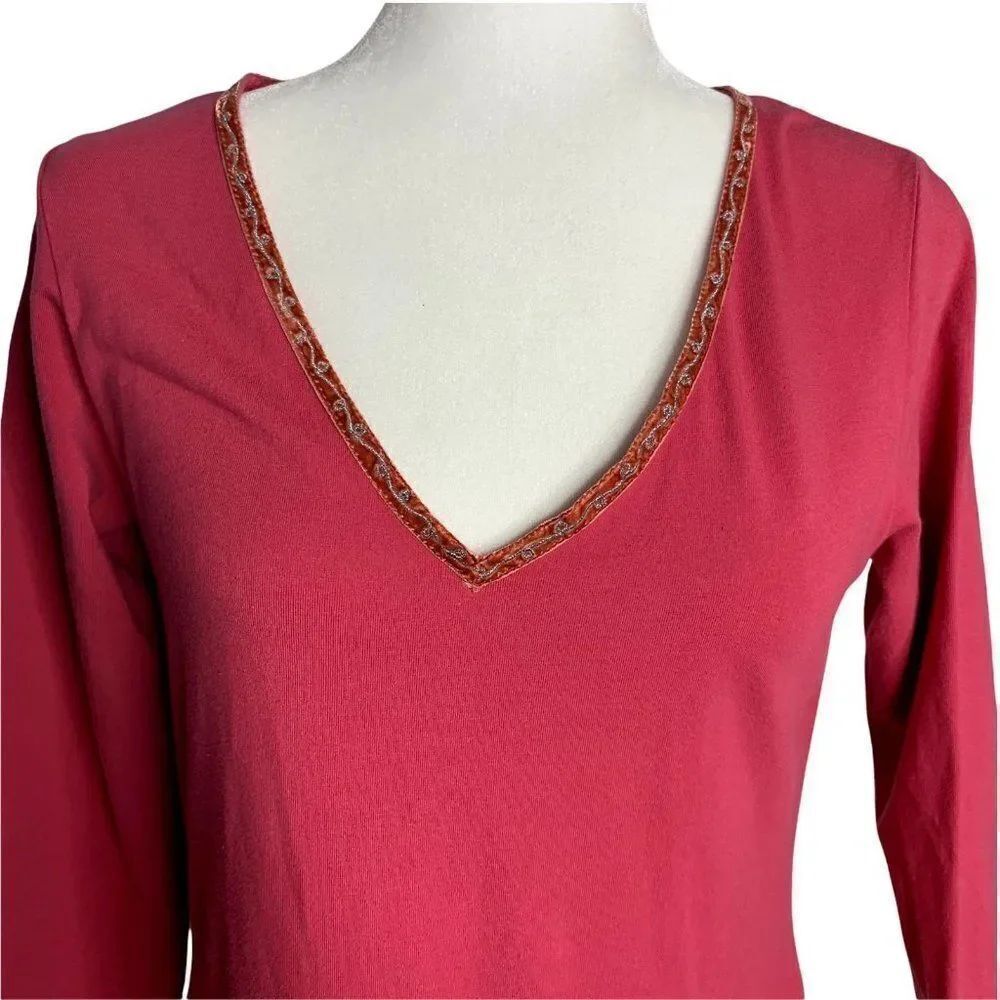 Moda International Beaded Knit Top M Pink 3/4 Sleeve V Neck Stretch Velvet Trim - Picture 2 of 7